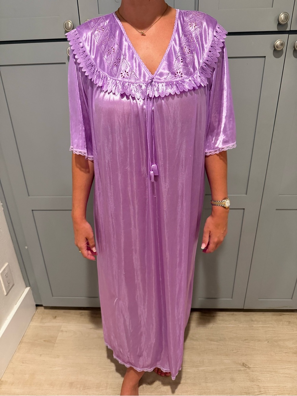 1970s Majestic Fashion Lavender Satin Lace-Trim Long Nightgown
